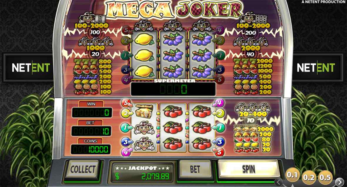 Mega Joker classic reel layout with fruit symbols on dark background